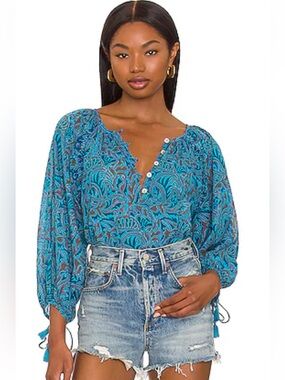 Cleobella Jayda Blouse in Zuri (Teal Blue) Sz Large